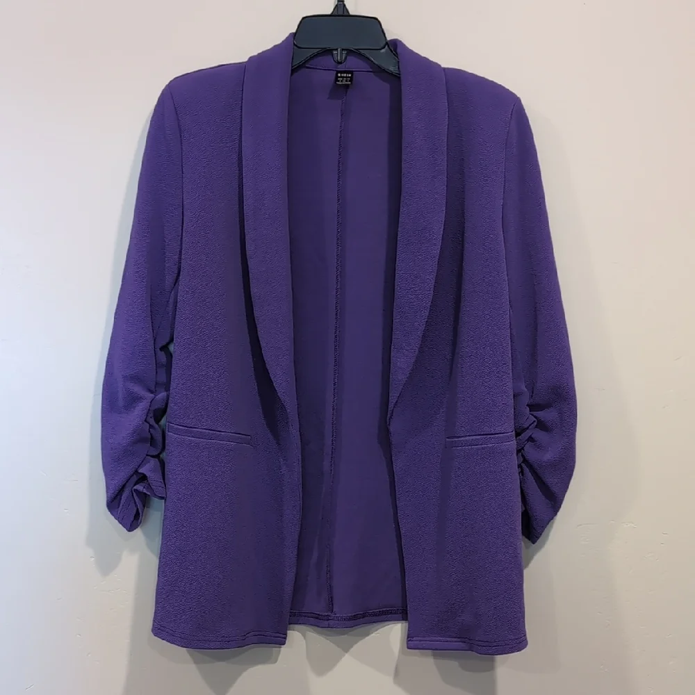 SHEIN Purple 3/4 Ruched Sleeve Open Front Blazer With Shoulder Pads Size Small